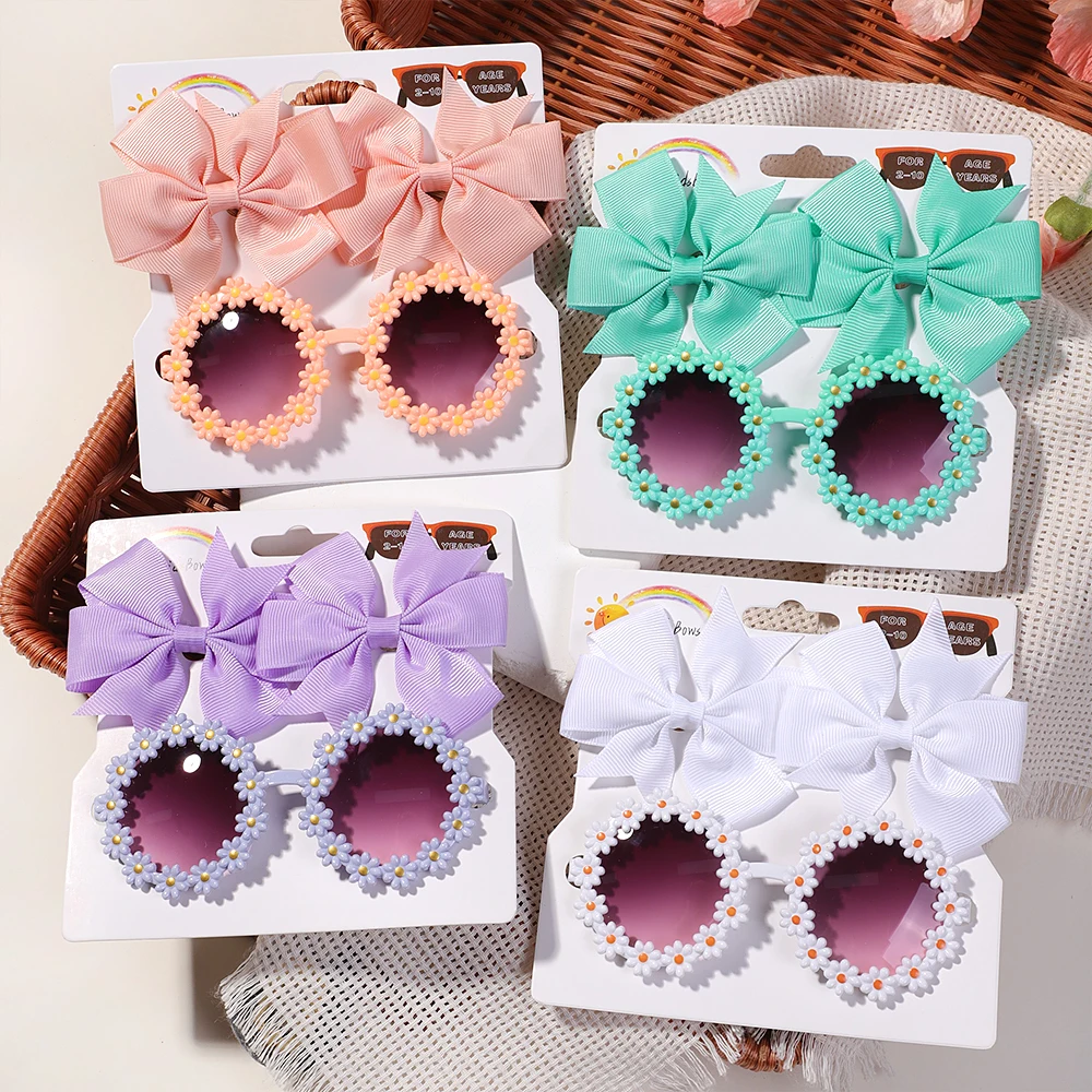 3 Teile/satz Cheer Bow Haarspangen Retro Blume Sonnenbrille für Kinder Druck Handgemachte Hairgripes Mädchen Headwear Gläser Zubehör