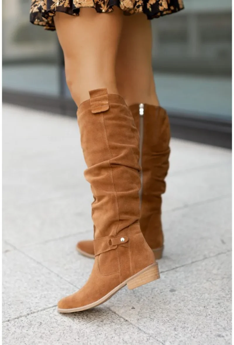 Botas de tacón bajo con cremallera lateral para mujer, botines Retro hasta el muslo de gamuza, talla 43, hasta la rodilla, para otoño e invierno, 2024