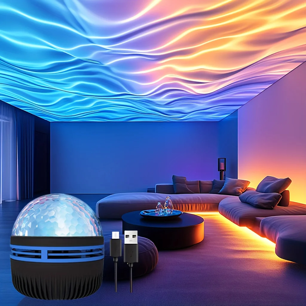 Projektor LED Galaktyki z Efektem Wody, RGB, Inteligentny Pilot, Lampa Aurora Gwiazd, KTV, Zasilany przez USB, Automatyczne Obrotowe Światło do Domu, Sypialni