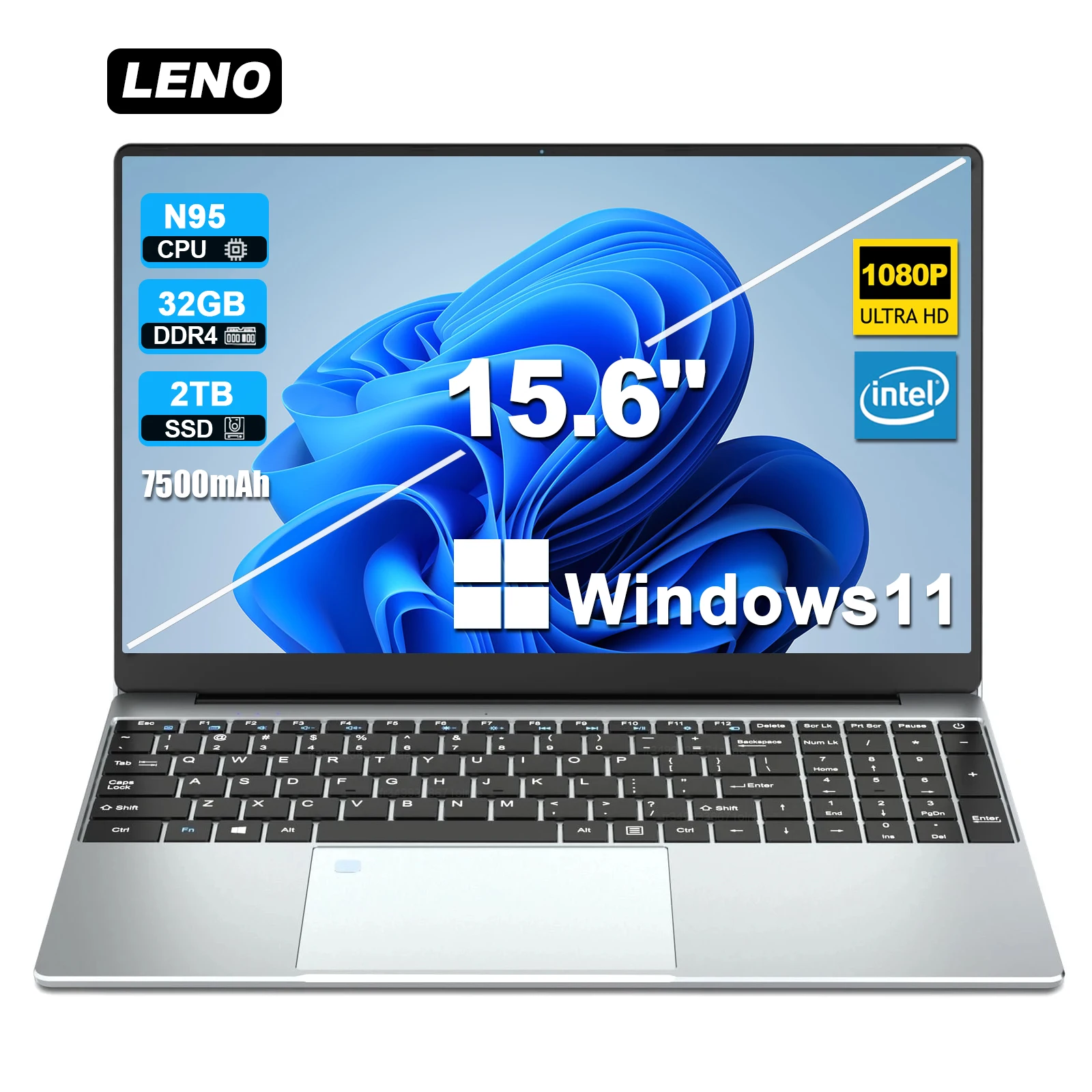 LENO NUOVO 15.6 "Laptop Portatile Intel N95 Windows11 32GB DDR4 2TB SSD 7500mAh Ufficio Notebook Pc Gamer con Impronta Digitale Retroilluminata
