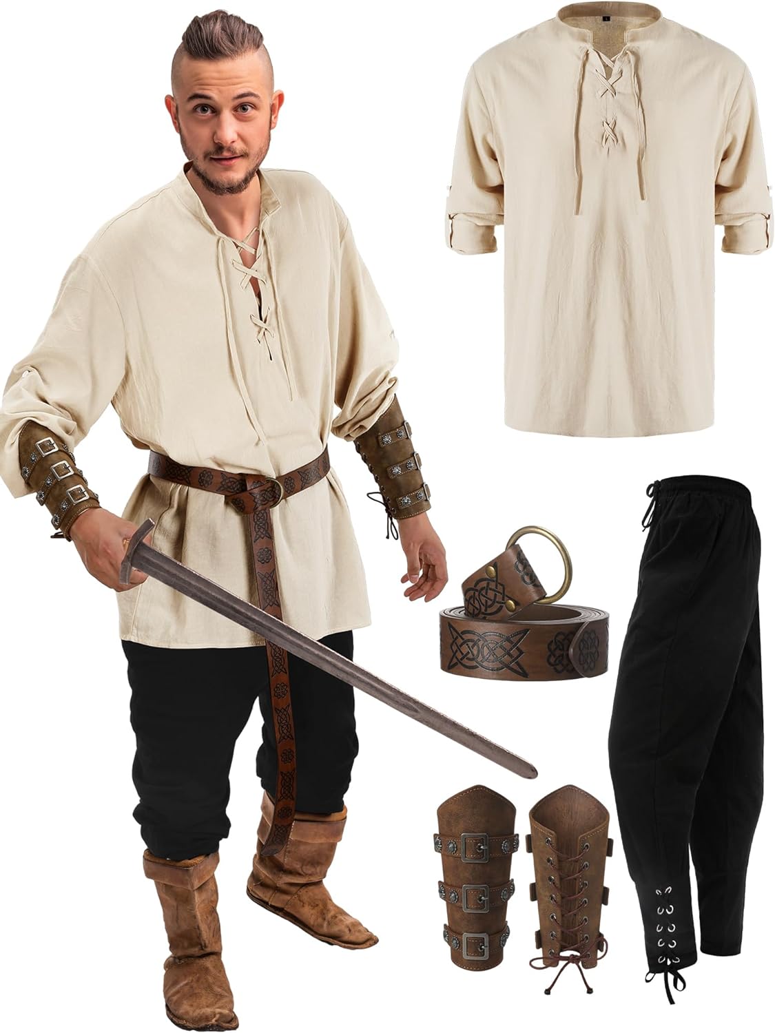Jiuguva-Conjunto de disfraz renacentista de Halloween para hombre, camisa pirata Medieval, pantalones con banda en el tobillo, accesorios con cinturón vikingo, 4 Uds.