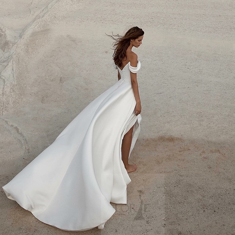 LORIE 부드러운 새틴 라인 웨딩 드레스 민소매 오프 어깨 신부 가운 긴 기차 웨딩 파티 가운 맞춤형