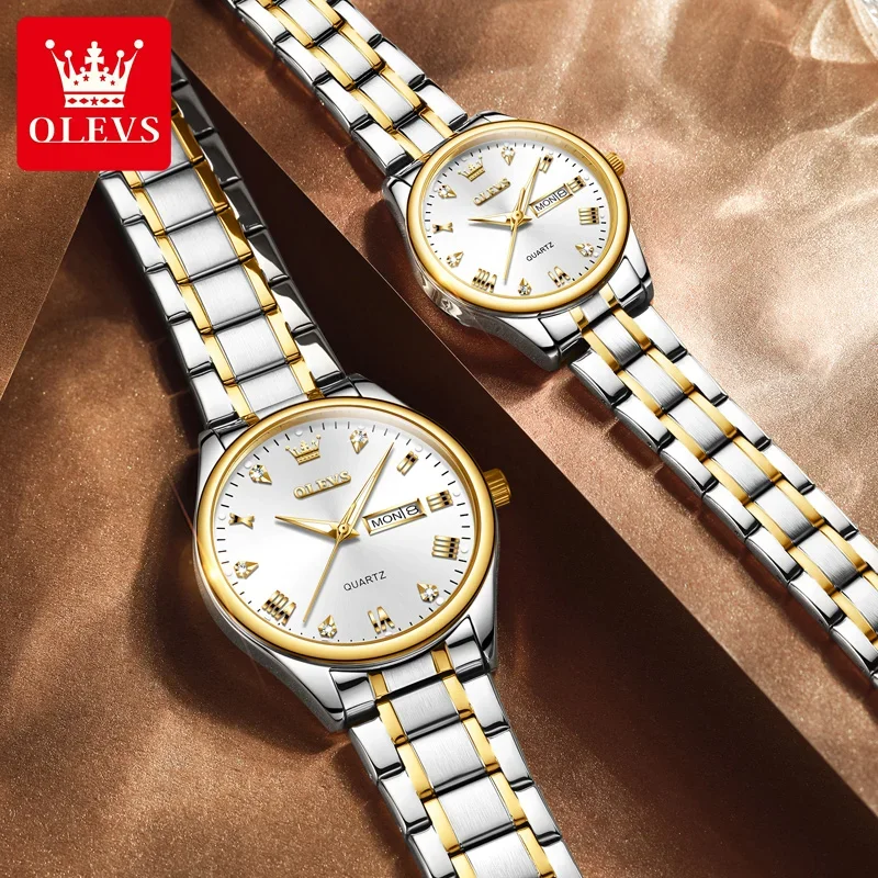 Olevs 5563 หรูหราควอตซ์คู่นาฬิกาสแตนเลสนาฬิกากันน้ําผู้ชายผู้หญิง dual ปฏิทินแฟชั่นนาฬิกามือ