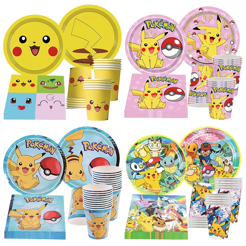 Decoraciones de cumpleaños de Pokémon, suministros de decoración para fiesta feliz de Pikachu, juego de vajilla, tazas, platos, servilletas, mantel, globos, pancarta