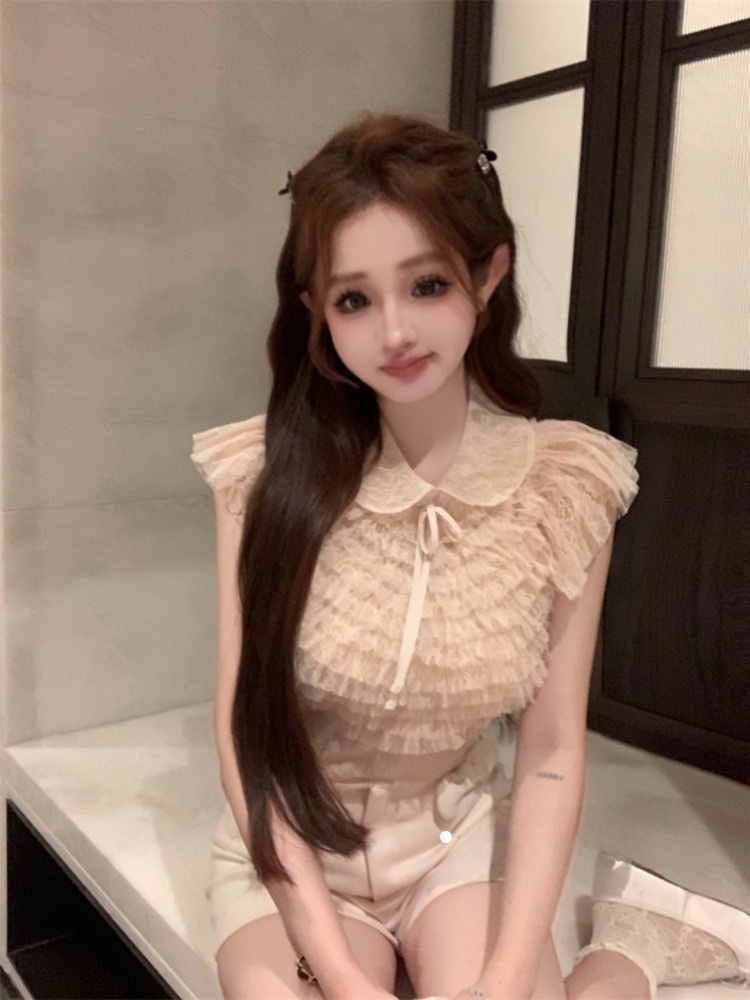 Csa de Chiffon Slim Fit de Manga Curta Moda Fena Estilo Novo de Outono com Laço Borboleta e Gola Reversível