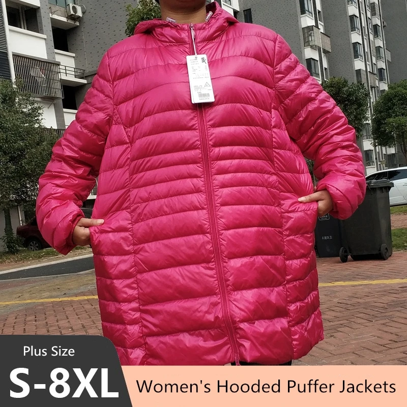 Plus Size 5XL 6XL 7XL Damen-Pufferjacken mit Kapuze, 2023, Neuheiten, weiblich, ultraleicht, verstaubar, warm, Slim-Fit-Daunenmantel