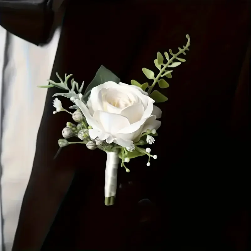Eleganti fiori all'occhiello dello sposo per abiti da uomo, rose artificiali, corpetto da polso, accessori da sposa