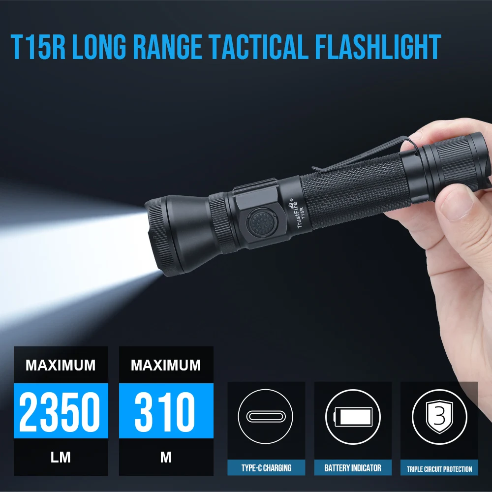 Trustfire-linterna táctica militar T15R, 2350 lúmenes, potente tipo C, recargable por USB, 18650 LED, lámpara táctica militar recargable