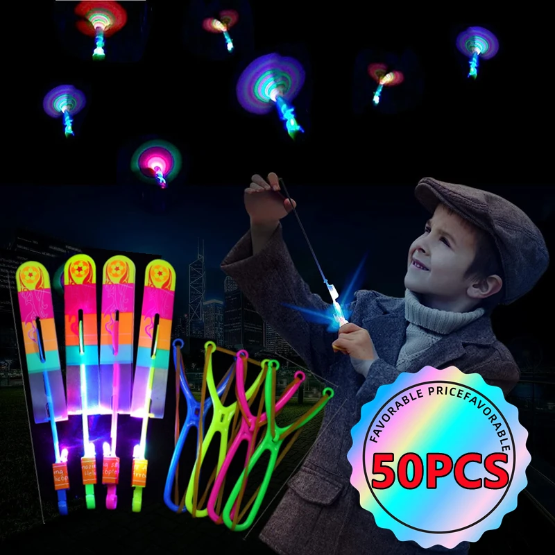 Nowy 50/30/10/5/1Pc niesamowita lekka zabawka strzałka rakieta helikopter latające zabawki LED Light zabawa na imprezę najlepsze prezenty gumka katapulta