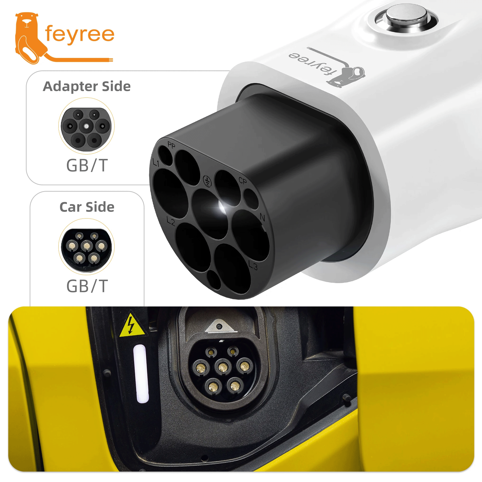 Adaptador de descarga EV feyree GB/T com proteção contra temperatura e luz elétrica - interruptor ajustável para carros chineses EV V2L para uso em acampamento
