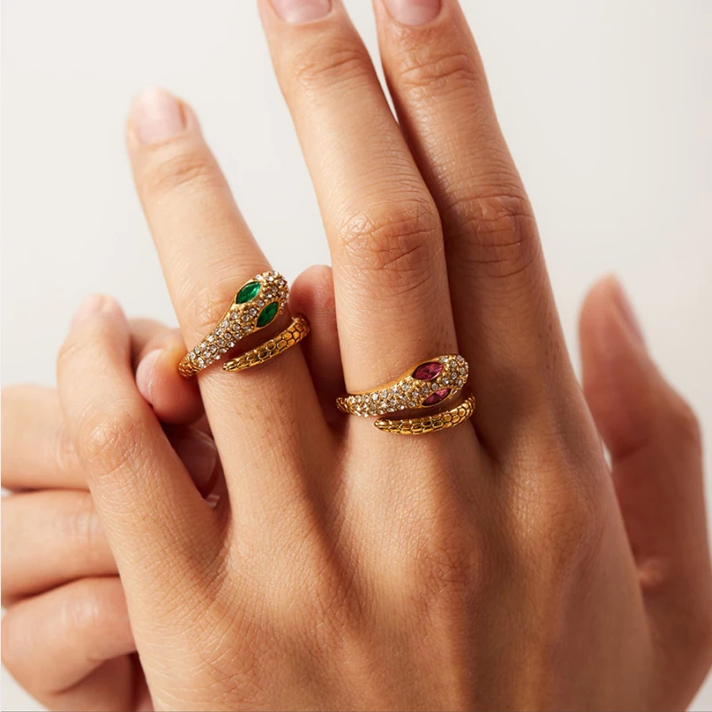 2025 anillos de circón huecos Vintage para mujer, tendencia de Color dorado de Metal, forma de serpiente de lujo, joyería Vintage de acero inoxidable a la moda