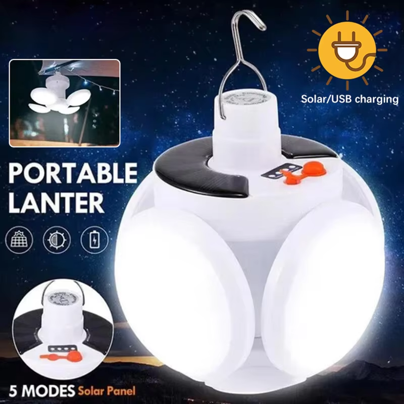 Bombilla LED recargable por energía Solar/USB, luz plegable para exteriores, bombilla de fútbol portátil, linterna con pantalla de alimentación