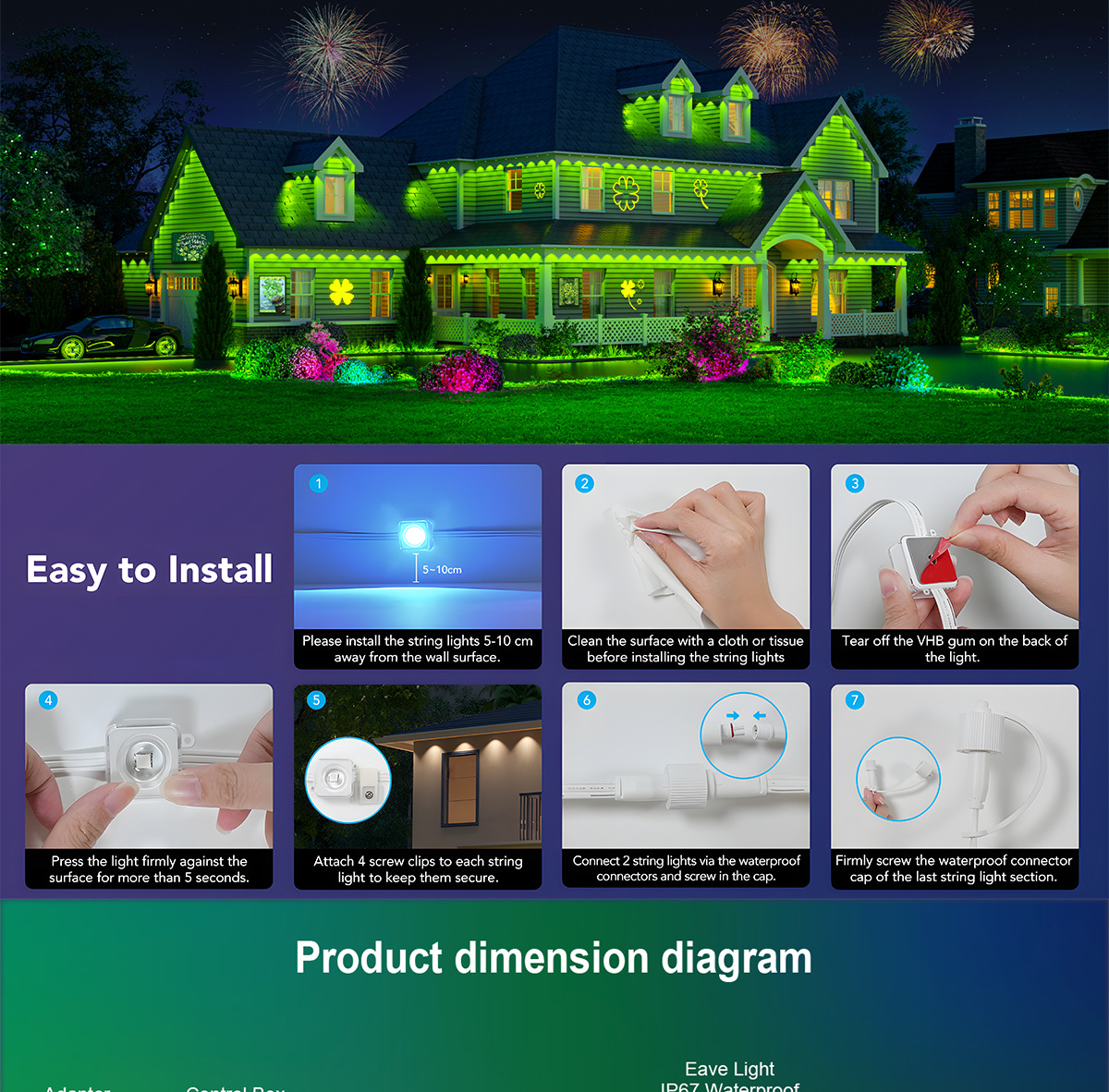 45M RGB avant-toit LED lumières permanentes lumières extérieures chaîne APP Bluetooth bande lumineuse Modes de scène pleine maison fête lumière de mariage
