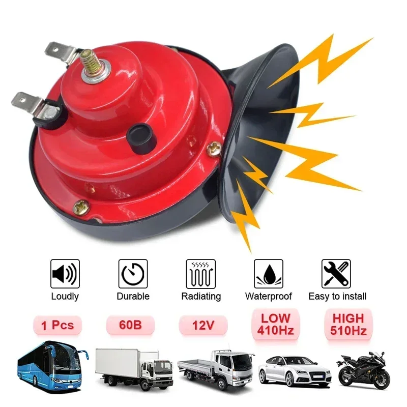 Universelle wasserdichte Zughupe, geeignet für LKWs, Boote, Autos, Motorräder, Fahrräder, Superschneckenhupe, Rot, Schwarz, 12 V