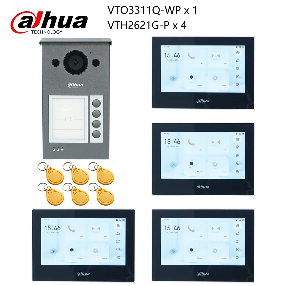 Dahua Mehrsprachiges IP-Video-Gegensprechanlage-KIT, VTO3311Q-WP & VTH2621G-P, Telefon-App, Türklingel 1, 2, 3, 4 Tasten sind einstellbar