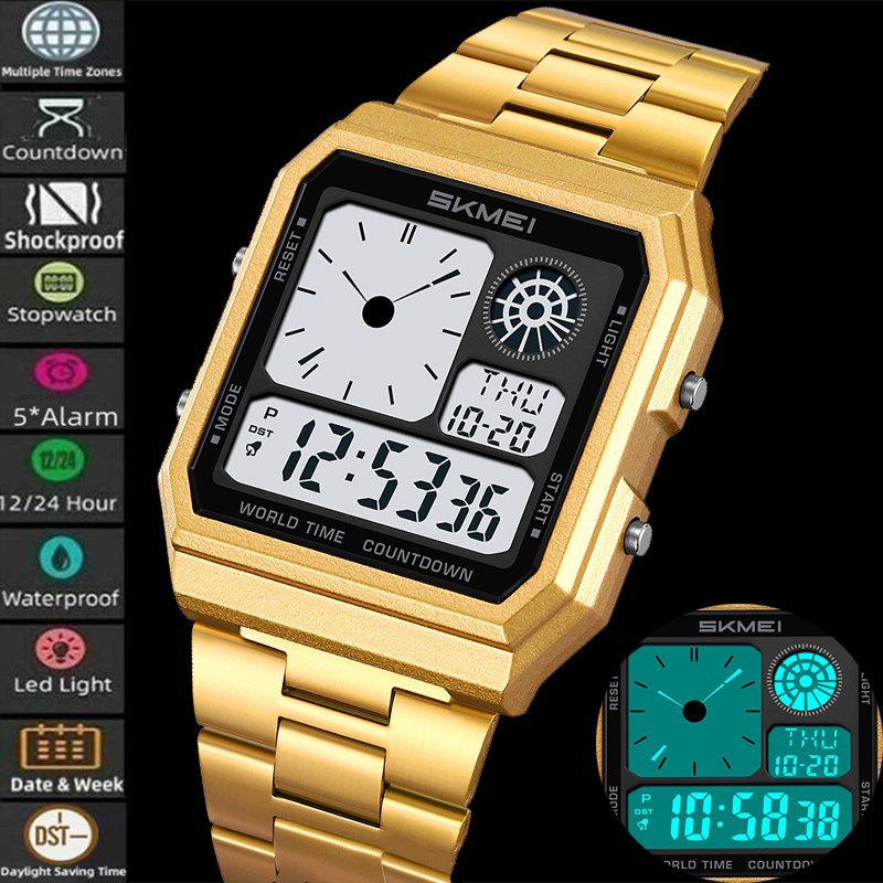 Skmei Electronics Спортивные часы для мужчин Классический аналоговый цифровой дисплей Несколько часовых поясов Светодиодный водонепроницаемый мужской 5-будильник