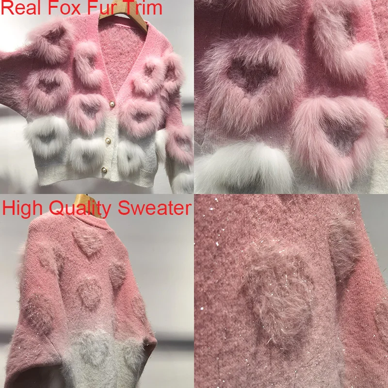 Frauen schöne V-Ausschnitt lose gestrickte Strickjacke mit echtem Fuchs Pelz besatz lose Liebe genäht weibliche Langarm warm Hit Farbe Pullover