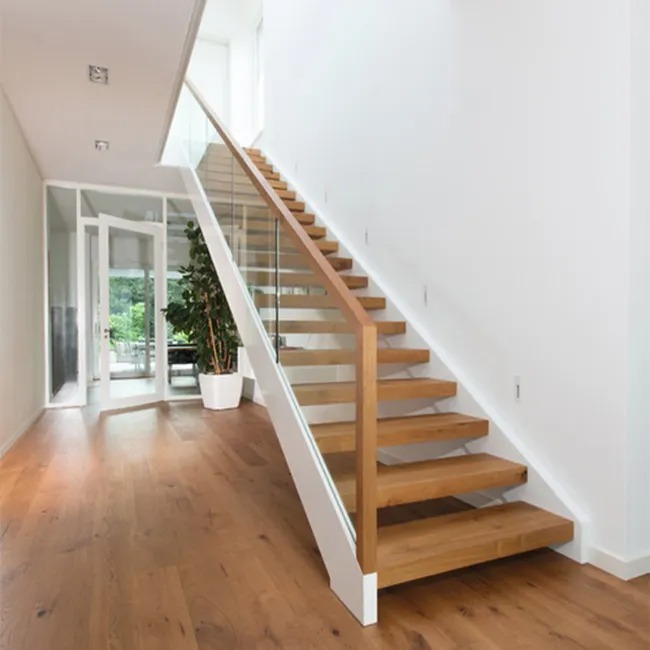 Modern Design Second Floor Indoor Staircase Handrail Solid Wood Tread Step Lights Mono Stringer Metal Railing