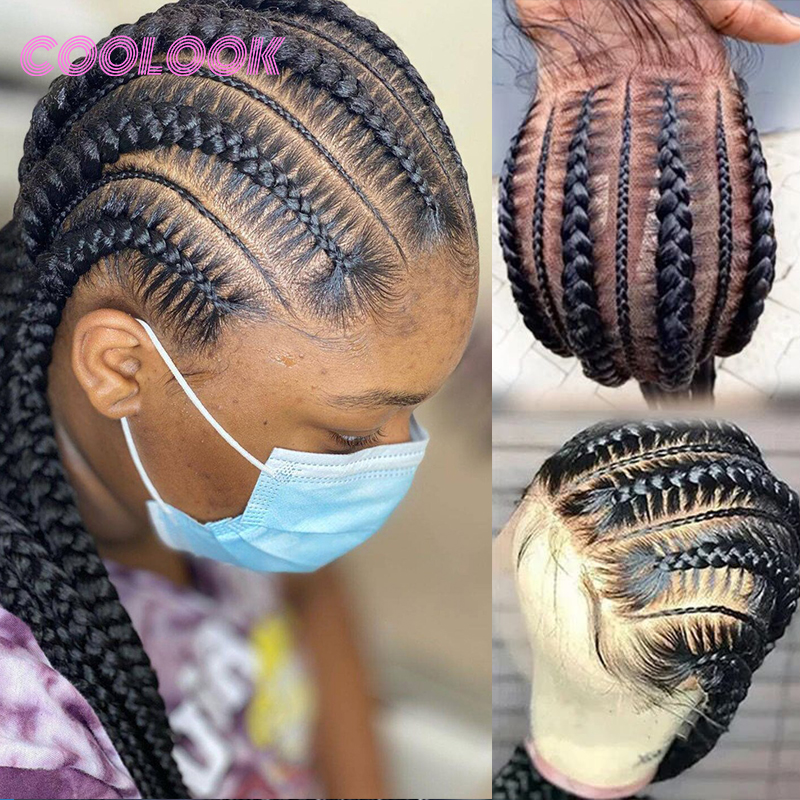 黒人女性のための完全なレースの編みこみのかつら,合成の結び目のない髪,長い編みこみの箱,赤ちゃんの髪,女神の編みこみのかつら,360