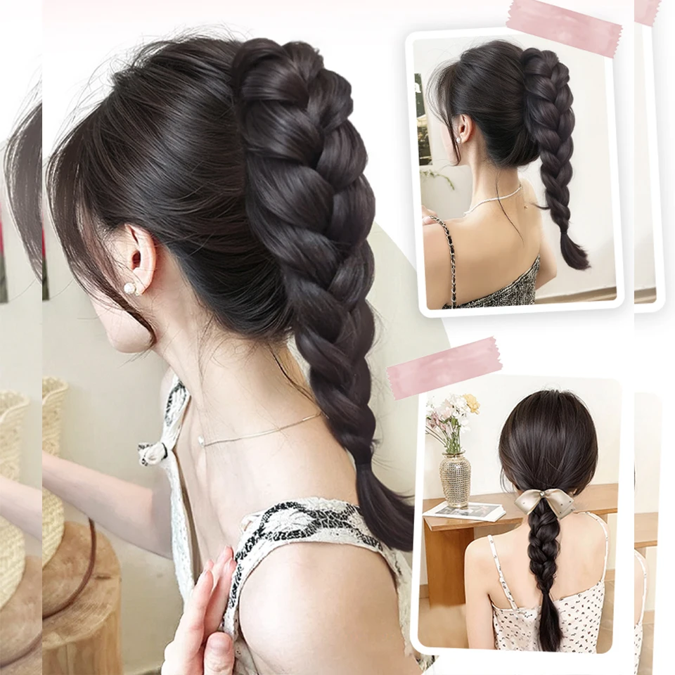 สังเคราะห์ยาว Claw คลิปบน Bow Braid ต่อผมหางม้าทนความร้อน PONY TAIL ผมชิ้นสําหรับผู้หญิง Daily PARTY