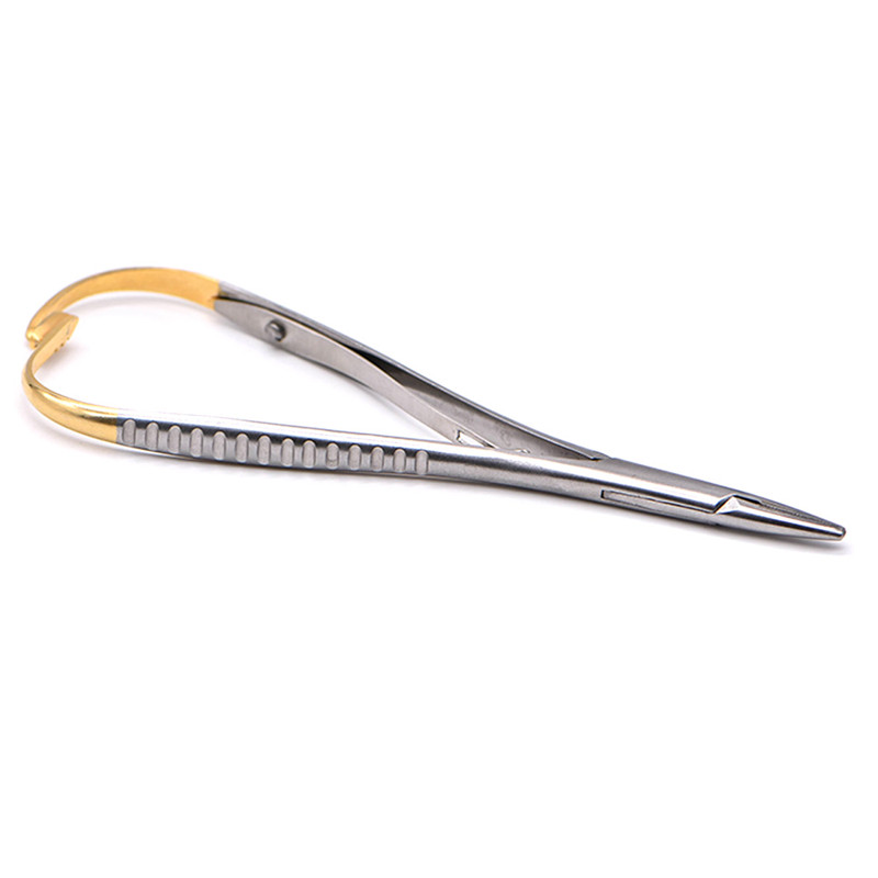 ทันตกรรมตรงหัวเข็มผู้ถือคีมโค้งทองชุบสแตนเลสจัดฟัน Plier เครื่องมือผ่าตัด