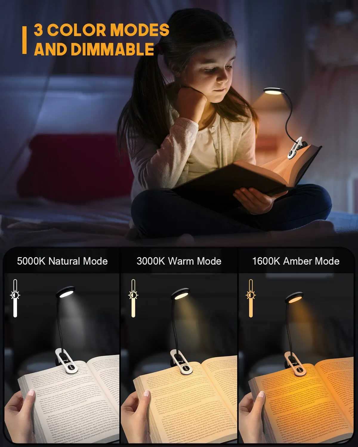 3 Colors 5 Brightness Displays Battery Power Rechargeable Mini LED Reading Light Flexible Easy Clip Night Reading Lamp in Bed