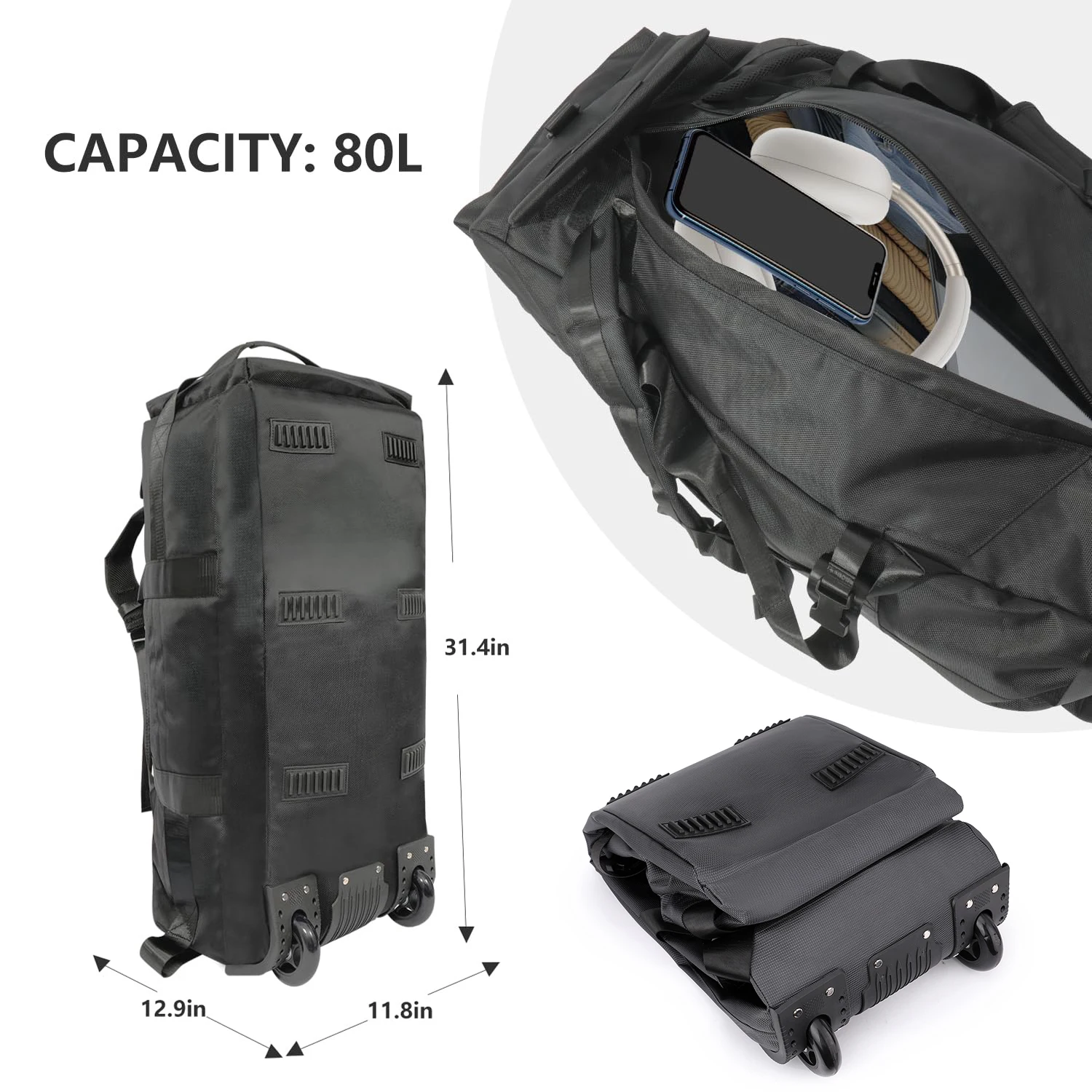 Bolsa de viagem dobrável para 80l, com rodas, 31 ", resistente, dobrável, bagagem com rodas, resistente à água, com alça de ombro