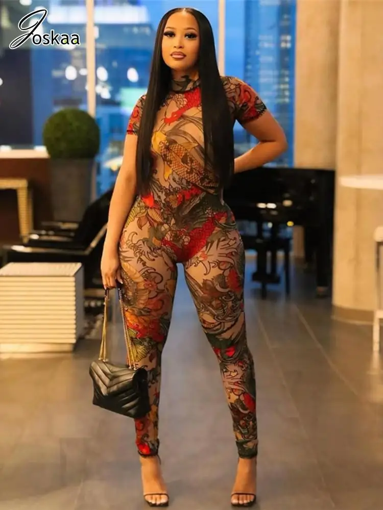 Joskaa Printed Mesh See Through Jumpsuit Women Short Sleeve Backless Skinny One Piece Rompers Summer Y2K Vintage Fitness 2024