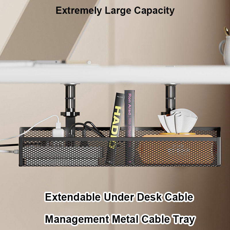 Rack de armazenamento sob a mesa, bandeja de cabo de metal ajustável, organizador de fio de mesa de computador sem acessórios de armazenamento doméstico perfurados