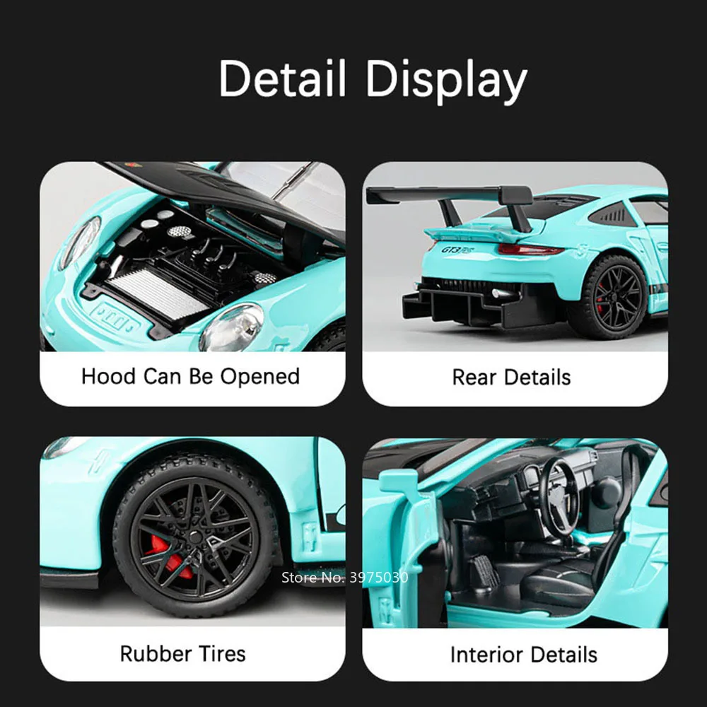 1:32 Alloy Diecast GT3 RS Toys Cars Models Wheel Pull Back 4 Doors Opened Supercar with Light Sound Sports Car Child Adult Gifts