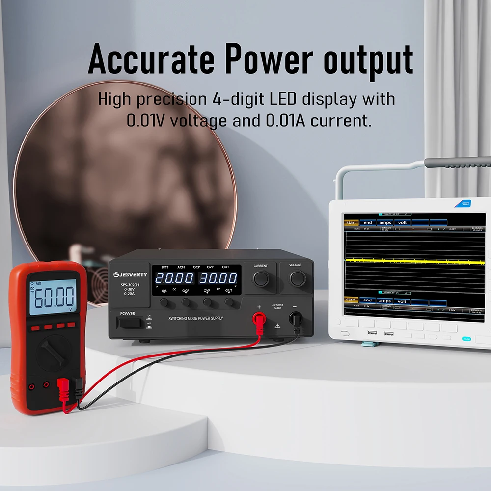 Catu Daya DC 3020H Variabel 0-30V 0-20A 600W Switching Regulated Bench Power Supply Tampilan LED 4-Digit Tunggal Efisiensi 90%