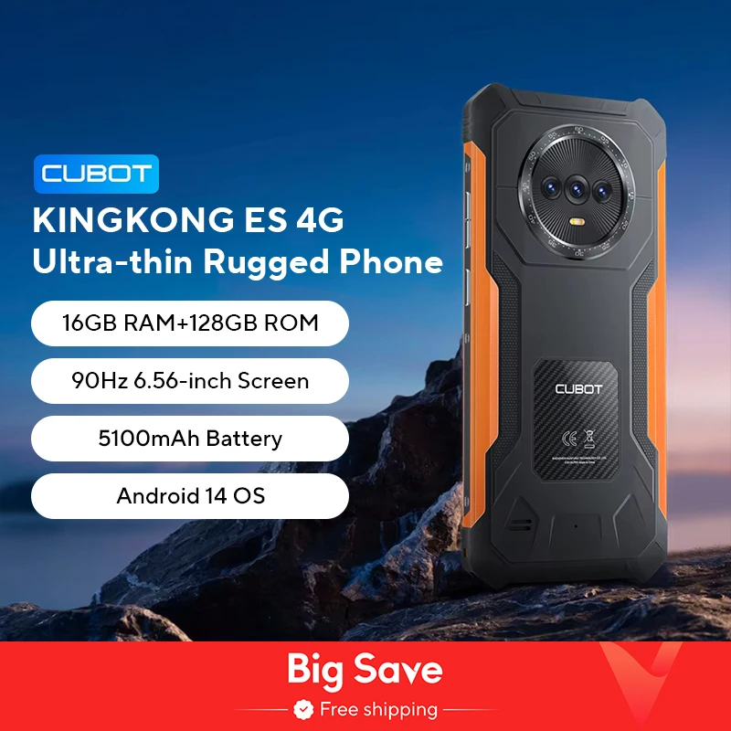 Cubot KingKong ES Ultra-thin Rugged Android Smartphone, 16GB RAM(6GB+10GB), 128GB ROM, 6.56" 90Hz Screen, 48MP Camera, 4G Phone