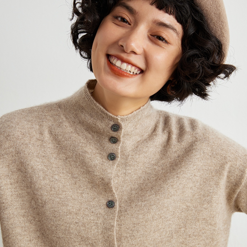 Wool cardigan women's semi-high-necked solid color long-sleeved cashmere coat is slim and versatile knitted sweater.