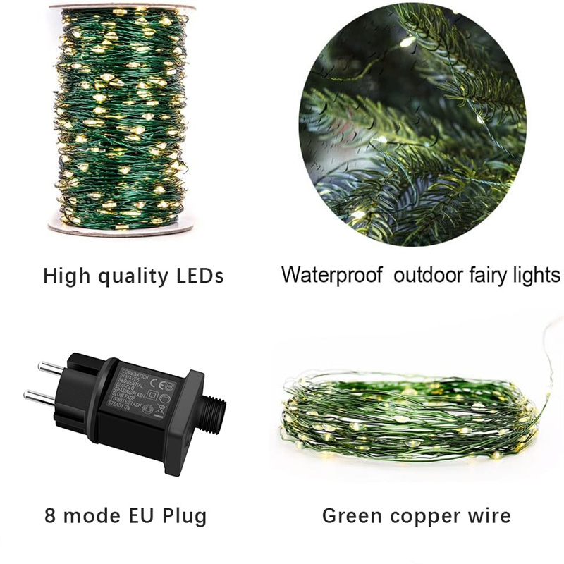 LED Green Wire Fairy Lights String Warm White Garland for Outdoor Home Christmas Tree Decoration Wedding Party Garden Lighting