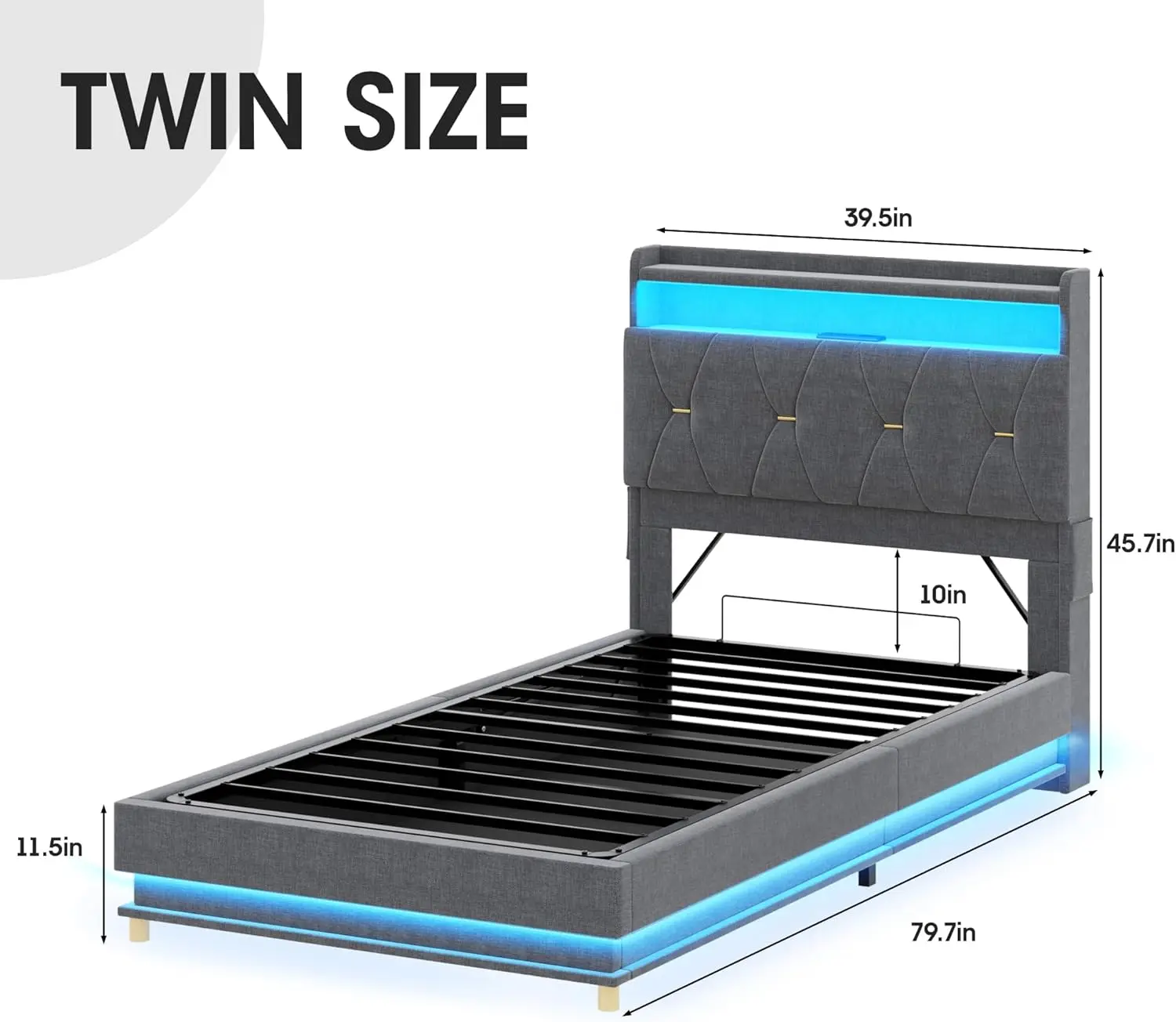 Twin Size Lift Up Storage Bed Frame, Storage Headboard with Charging Station, LED Lights Upholstered Platform Bed