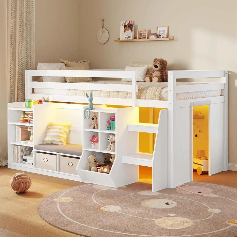 Low Loft Bed Twin Size with LED Lights, Wooden Kids Twin Loft Bed with Storage Bookcase, Toy Box, Reading Nook and Secret Play