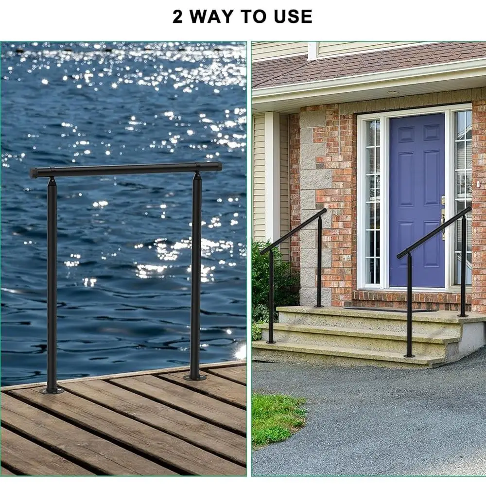 2 Pack Outdoor Stair Handrails 2 or 3 Step Stairs Adjustable Wrought Iron Metal Hand Rail Kit Waterproof Durable Easy Install