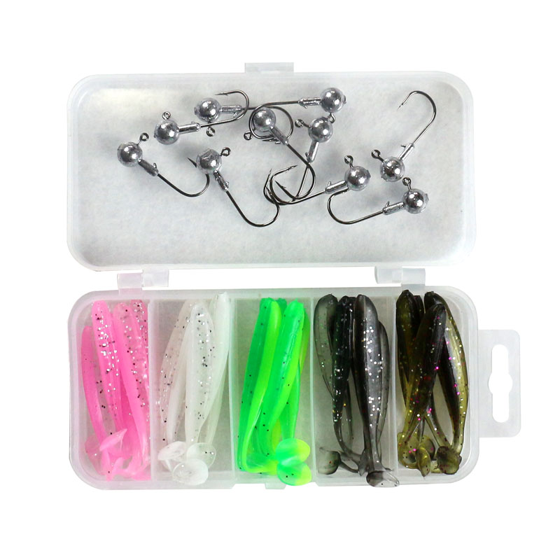 25 pièces leurre en boîte appât souple perche déroule appât de poisson vers souples fileté queue bouclée mouche bionique appât faux appâts tête de plomb crochets