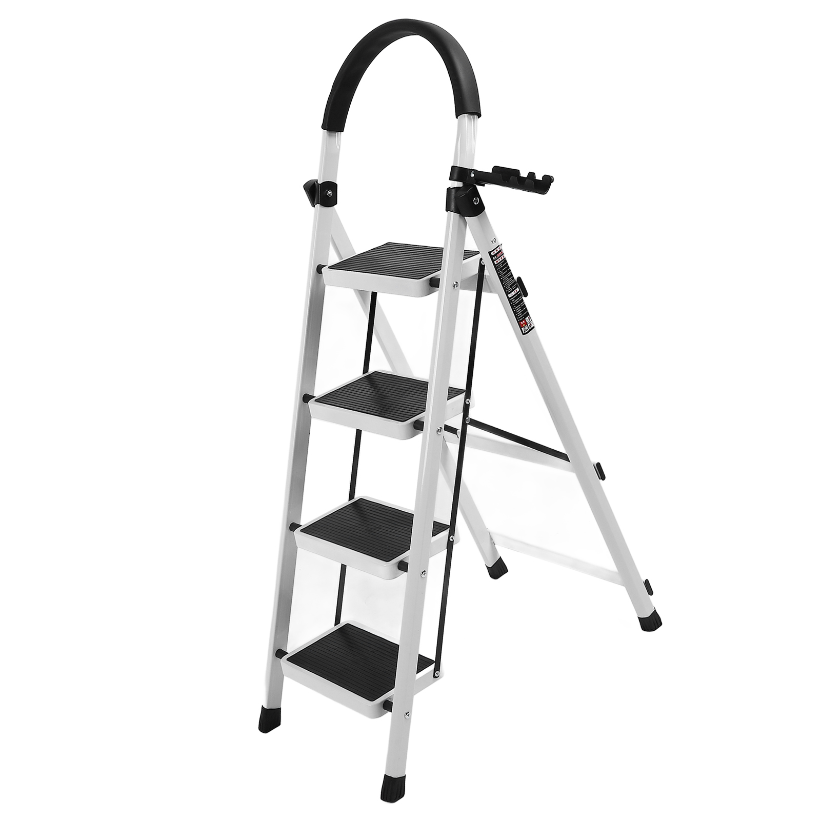 Escada de 4 degraus com corrimãos, aço grosso, dobrável, banco de 4 degraus, portátil, resistente, escada de aço para interior, escada branca