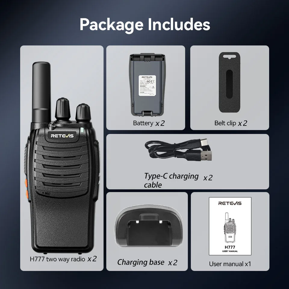 Retevis H777 2 Stück Walkie-Talkie, klare Klangqualität, tragbare Walkie-Talkies, große Reichweite, Typ-C, Zwei-Wege-Radio für Radfahren, Camping