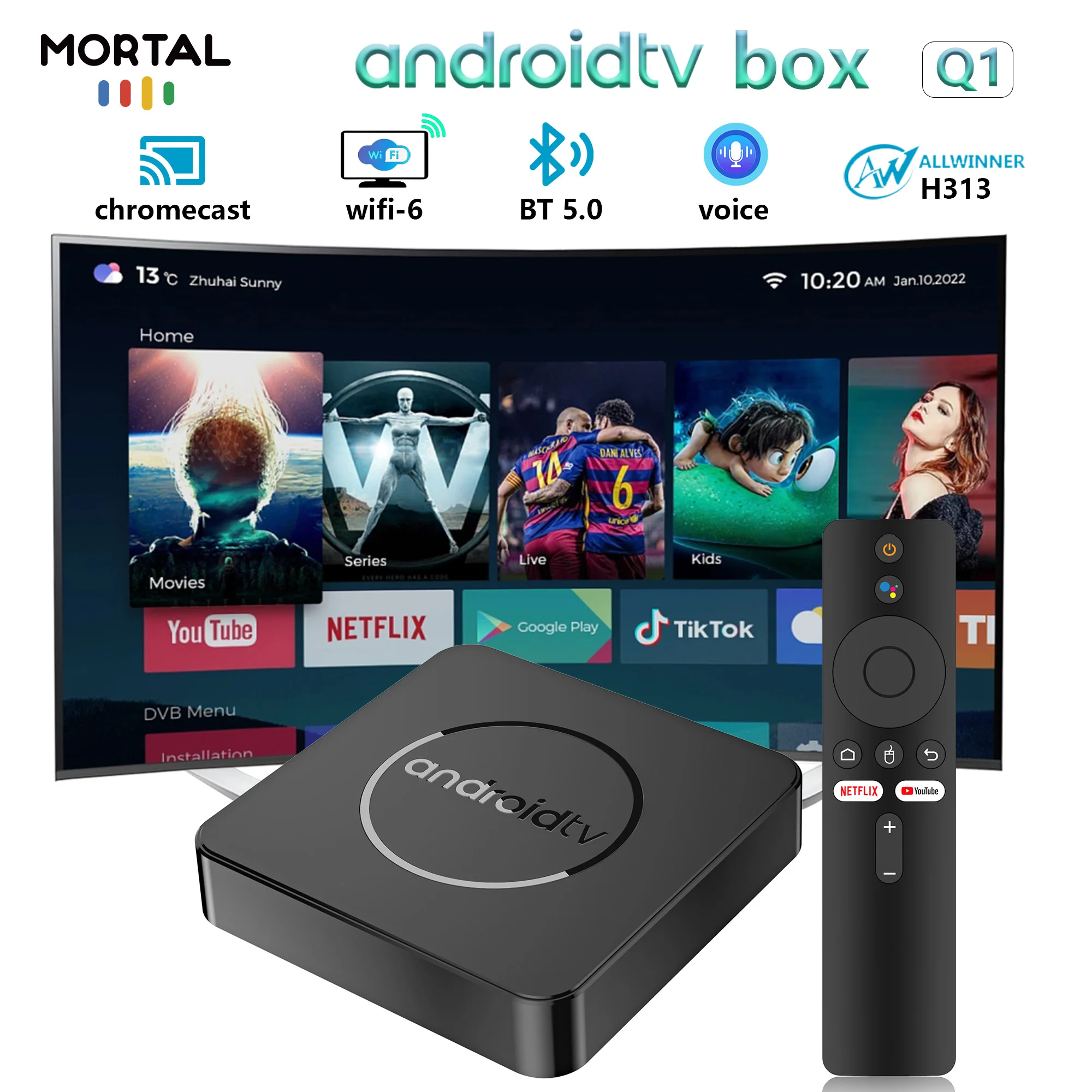 Mortal Global Versão Android 14 4K HDR Smart TV Box 2GB/16GB 5G Dual Wifi BT5.2 Assistente de Voz H313 Media Player Q1 ATV TV Box