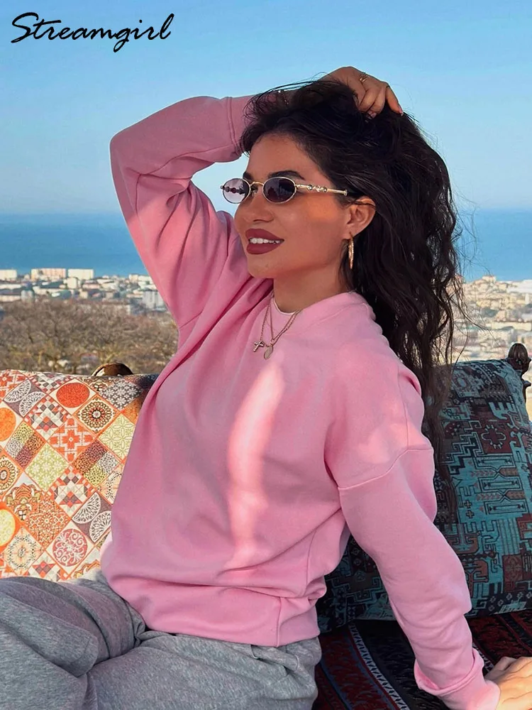 sudadera de algodón para mujer, Sudaderas blancas de gran tamaño con cuello redondo para mujer, sudadera rosa de colores cómodos para mamá, sudadera de algodón amarillo para otoño para mujer, sudaderas de mujer