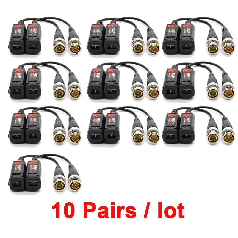 Twisted BNC CCTV Vídeo Balun, Transceptor Passivo, Suporte AHD, CVI, TVI, 8MP, Câmera 4K, Cat5e, Cat6, UTP Cable Conectores, 10 Pares