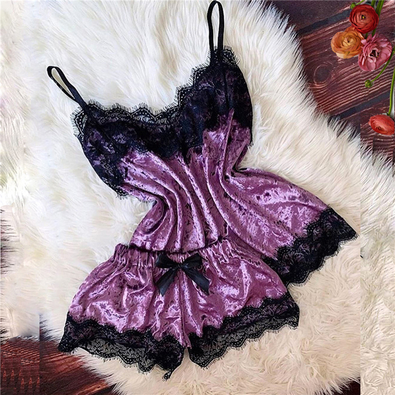 Lencería Sexy para mujer, ropa para dormir, camisola, pantalones cortos con lazo, Tops con cuello en V, pijamas de terciopelo, ropa de dormir