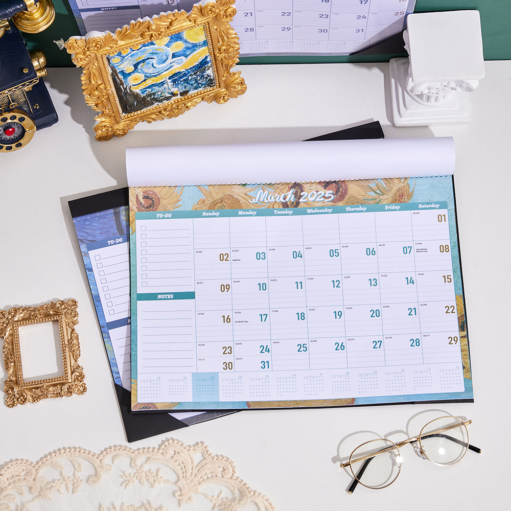 12 Blatt Vintage 2025, Gemälde, Wandkalender, wasserdichte Abdeckung, Wochenplaner, Arbeitszimmer, Check-in-Nachricht, Hängekalender