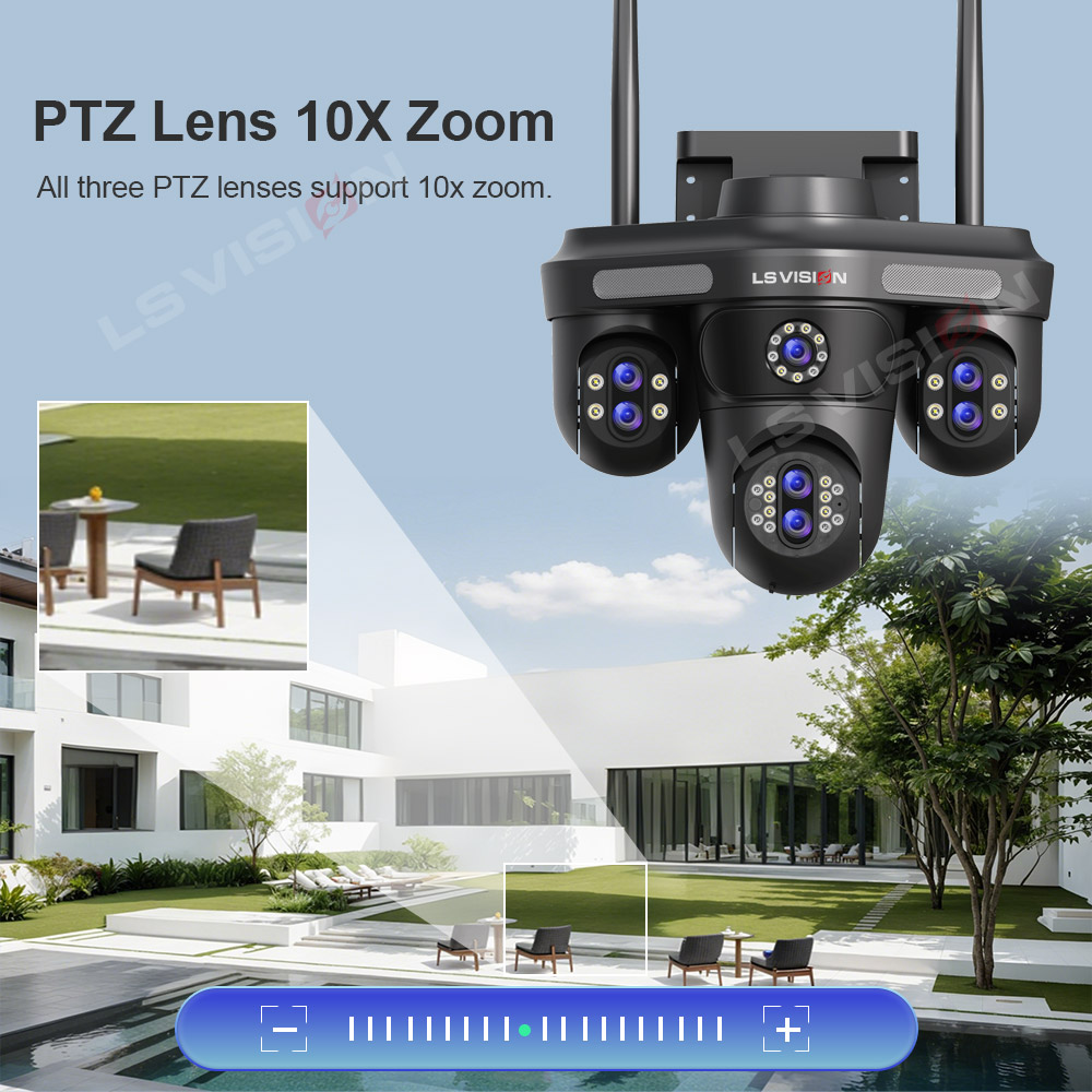 LS VISION 35MP 10X Zoom cuatro pantallas WiFi cámara IP inalámbrica al aire libre siete lentes tres cámaras PTZ cámara de seguridad de seguimiento automático