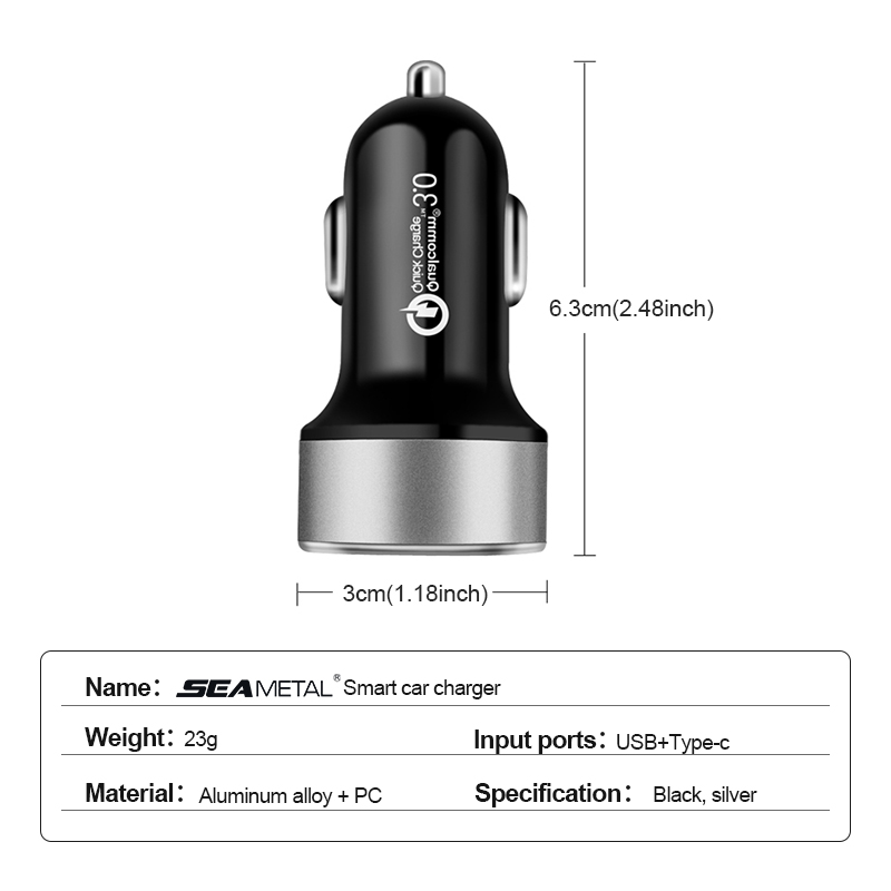 SEAMETAL Autolader PD + USB QC3.0 38W Snel opladen Telefoonoplader 12-24V Sigarettenaanstekeradapter met Led Voltmeter Display