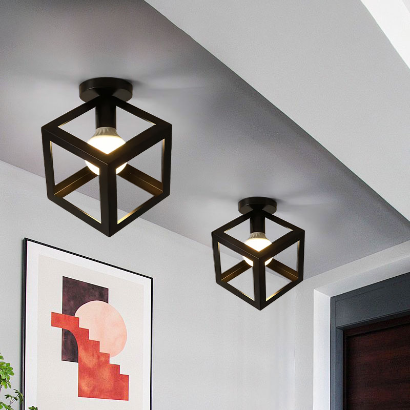 Luces de techo Vintage E27, lámparas de techo para pasillo, vestíbulo, jaula interior de Metal negro, candelabro, accesorios de iluminación para el hogar