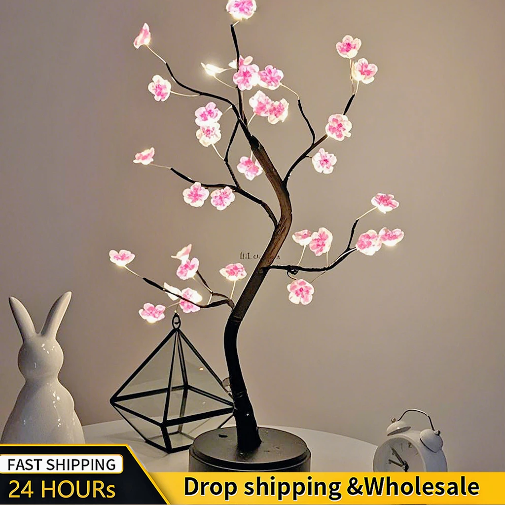 Decorazione domestica Interruttore tattile alimentato tramite USB/batteria Bianco caldo Bonsai artificiale Fiore di ciliegio Lampada da tavolo a LED per albero