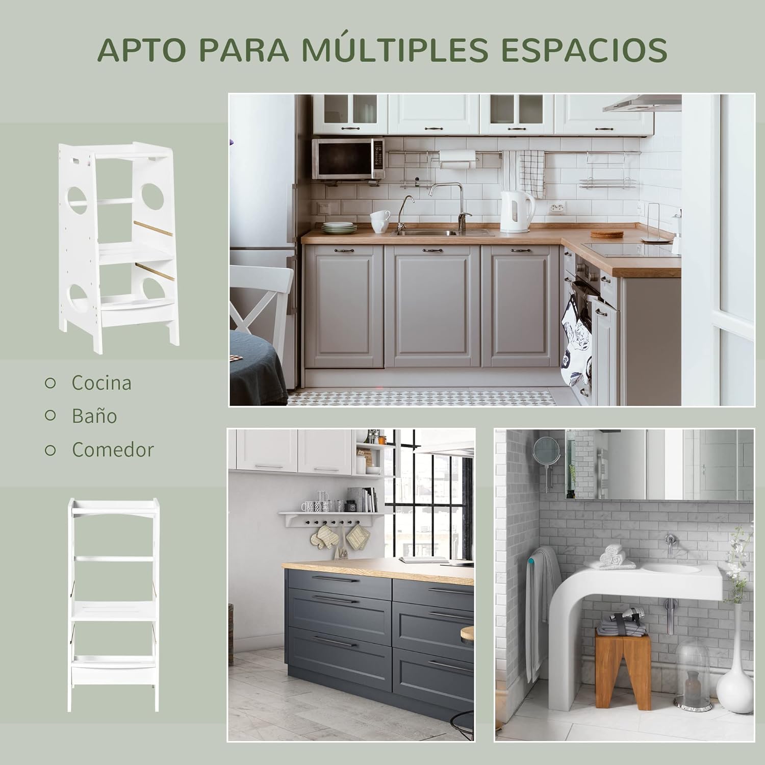 Torre de Aprendizaje de Madera para Niños Taburete de Cocina Infantil con Pedal Altura Ajustable en 3 Posiciones y Barra